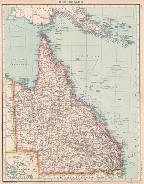 QUEENSLAND State Map Showing Counties Australia BARTHOLOMEW 1924 Old