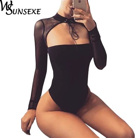 Hollow Out Mesh Bodysuits Women Spring Sexy See Through Long Sleeve