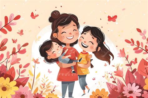 una caricatura de una madre  sus hijos posando  una foto foto