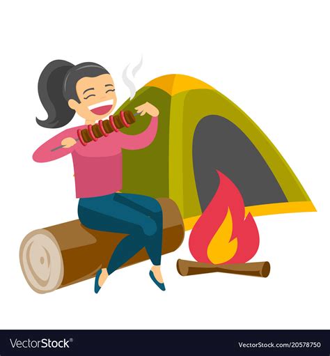 Woman Sitting On Log Near Campfire In The Camping Vector Image