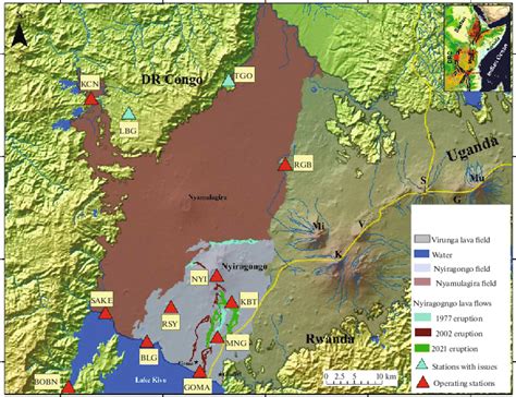 Geological map showing Nyiragongo 1977, 2002 and 2021 lava flows and ...