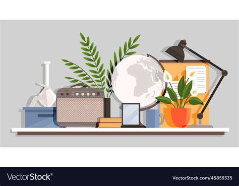 Wooden shelf with decor items cartoon design Vector Image