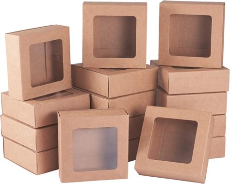 BENECREAT 20 Packs Square Kraft Paper Drawer Boxes With Window 9x9x3cm