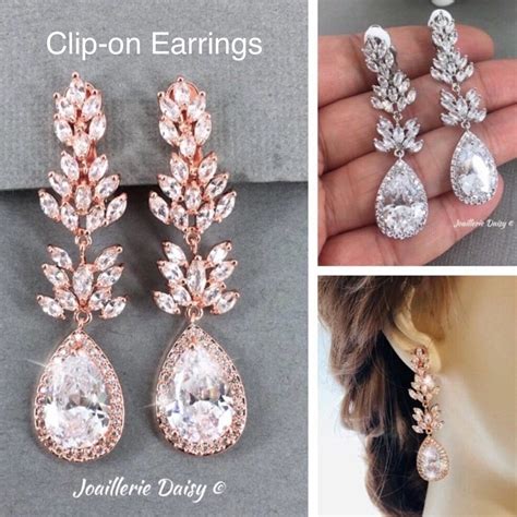 Bridal Clip On Rose Gold Earrings Clip On Wedding Earrings Silver