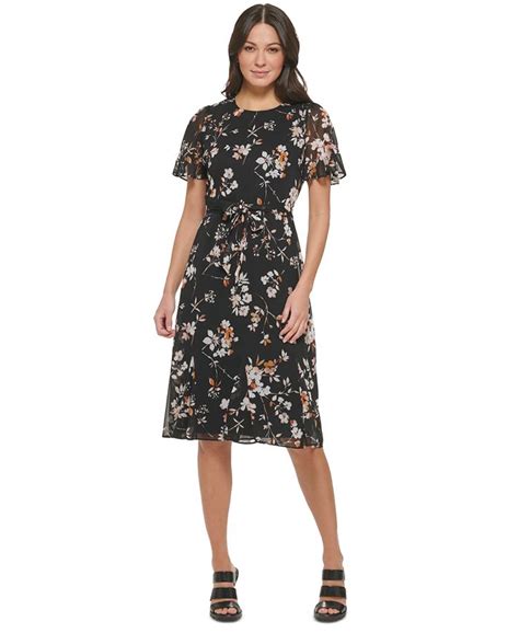 Dkny Womens Floral Printed Godet Short Sleeve Midi Macys