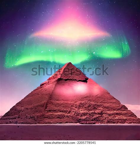 Egyptian Pyramids During Aurora Borealis Stock Illustration 2205778541