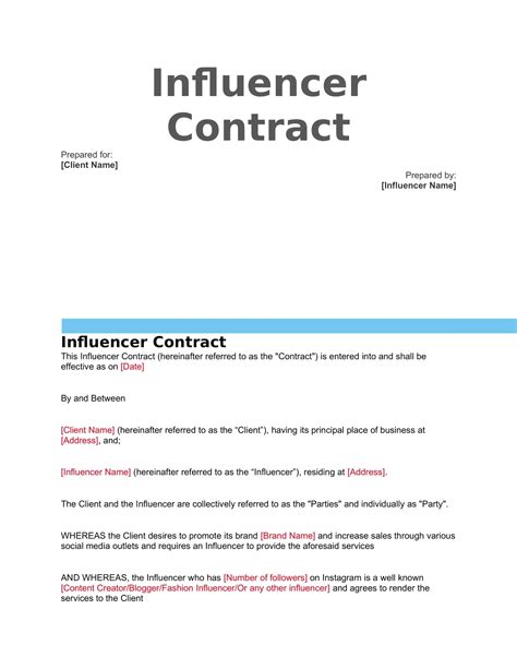 Free Printable Influencer Contract Templates Pdf Word Social Media