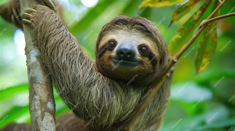 Premium Photo Cute Sloth Hanging On Tree Branch With Funny Face Look