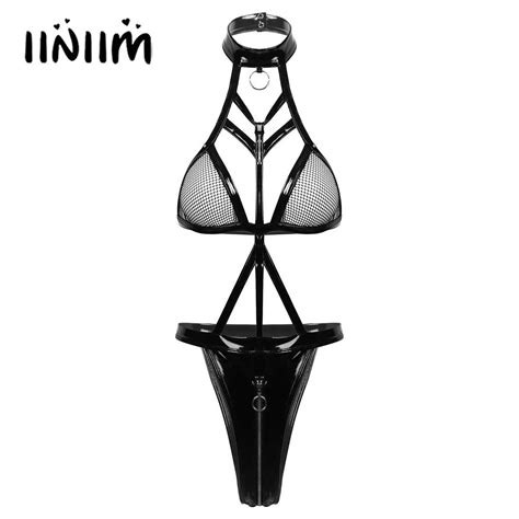 Womens Wet Look Patent Leather Lingerie Bodysuit Halter Neck Fishnet C Iiniim Official Store