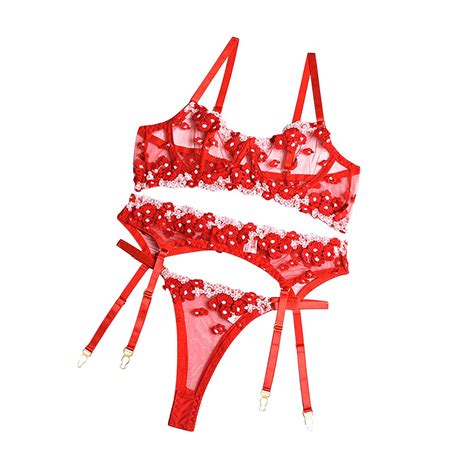 ABAFIP Women Pcs Mesh Sheer Flower Lace Lingerie Set Underwire Bra Thong Panty Garter Belt