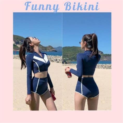 Bikini đồ bơi mảnh dài tay cạp cao có khóa kéo thể thao năng động Shopee Việt Nam