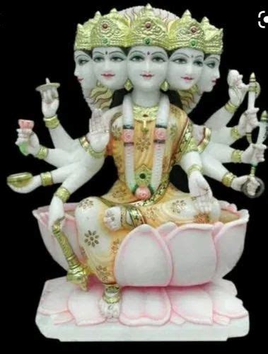 Painted Hindu White Marble Panchmukhi Gaytri Statue For Temple Size