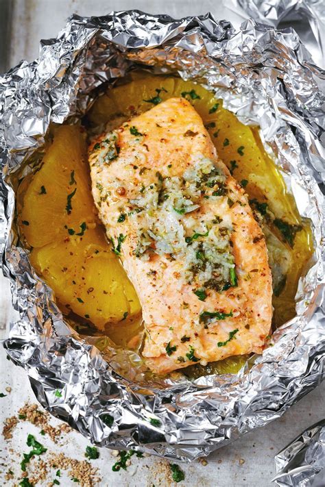 Salmon Foil Packets With Pineapple And Garlic Lemon Butter Sauce