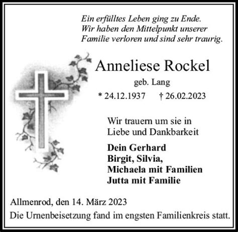 Traueranzeigen Von Anneliese Rockel Vrm Trauer De