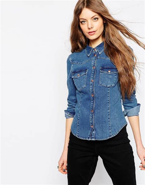 Asos Denim Fitted Western Shirt In Mid Wash At Одежда