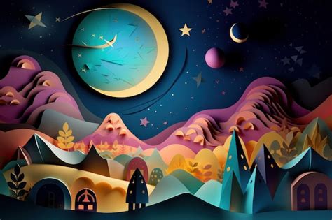 Premium Ai Image A Colorful Paper Cut Art Of A Village With A Moon