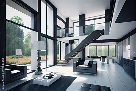 Black and white modern house with an open plan concept, generative AI ...