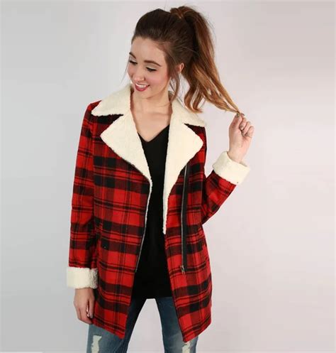 2017 London Style Autumn Women Jacket Coat Turn Down Collar Zipper Pockets Red Plaid Winter