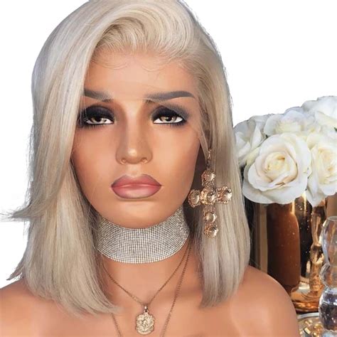 EEWIGS Platinum Short Bob Lace Front Wigs With Natural Hairline White Blonde High Temperature