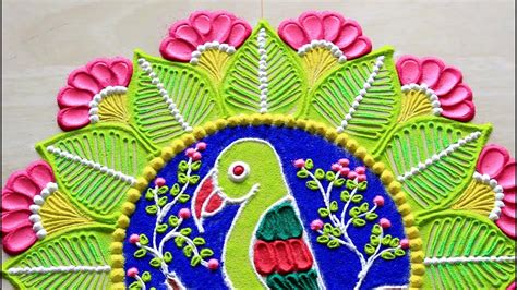 Beautiful Parrot Rangoli For Diwali Navratri L Rangoli Designs L