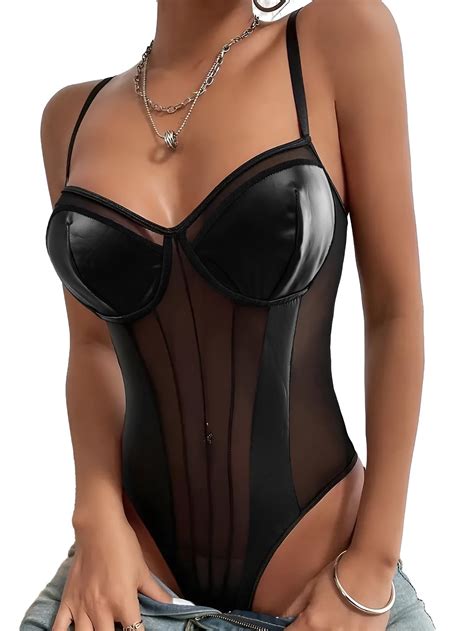 Lilosy Petite Sexy Strappy Wireless Mesh Sheer Babydoll Lingerie Women Teddy Bodysuit Corset