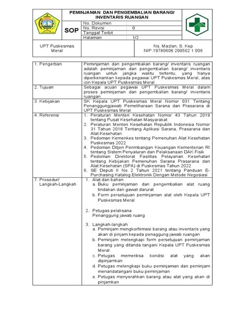 Sop Peminjaman Dan Pengembalian Alat Ruang Tinkan Dan Gawat Darurat Pdf