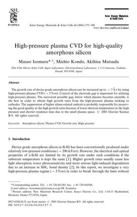 Pdf High Pressure Plasma Cvd For High Quality Amorphous Silicon