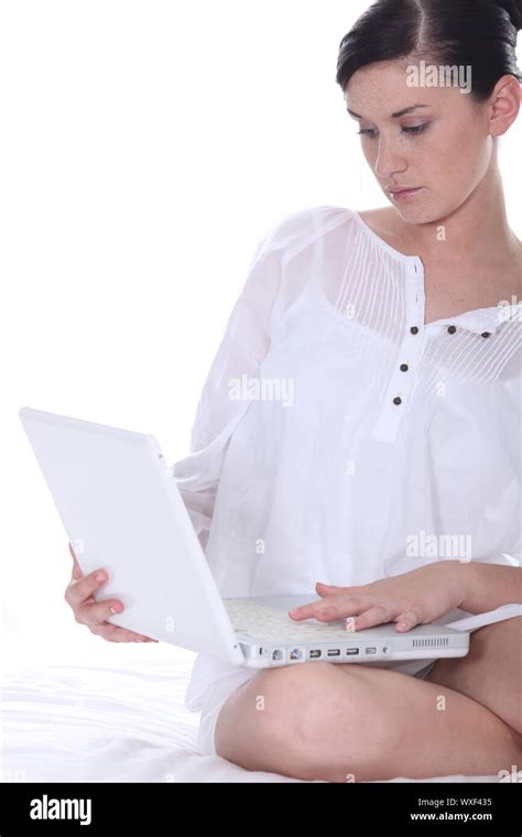 Brunette Woman With Computer Stock Photo Alamy