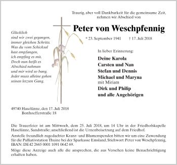 Traueranzeigen Von Peter Von Weschpfennig Noz Trauerportal