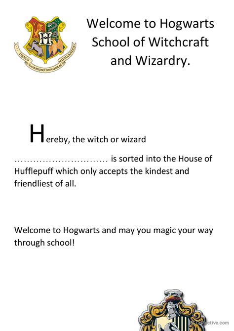 Hufflepuff house letter: English ESL worksheets pdf & doc