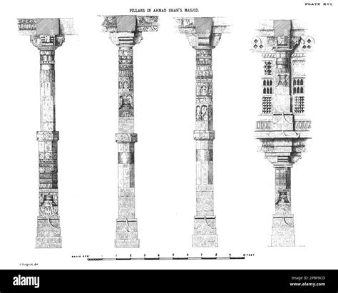 Reused temple pillars in Ahmad Shah's Mosque, bearing mostly undefaced ...