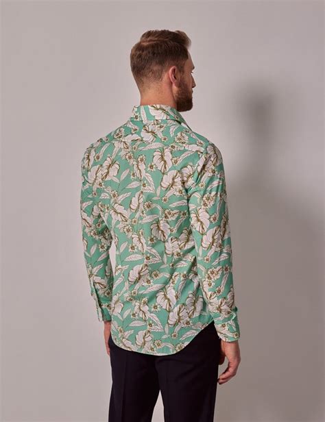 Men S Green White Tropical Slim Shirt Mid Collar Hawes Curtis