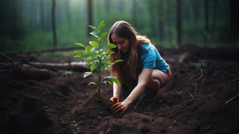 Mujer joven plantando un árbol en el bosque Concepto del Día de la