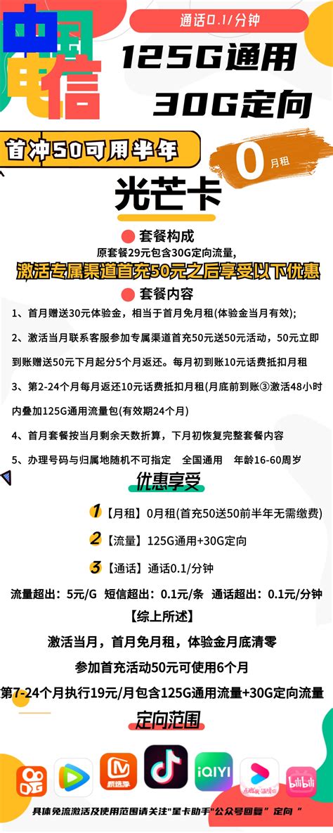 【首充50用半年】电信光芒卡0元包125g通用 30g定向 通话0 1元 分钟 美推号卡