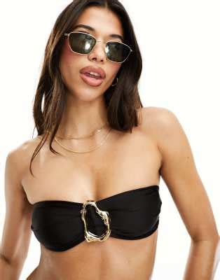ASOS DESIGN Sleek Bandeau Bikini Top With Gold Hardware In Black ASOS