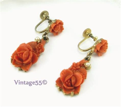 Vintage Earrings Celluloid Coral Rose Screw Back By Vintage55