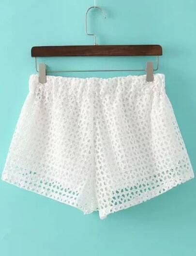 White Elastic Waist Hollow Lace Shorts Sheinsheinside