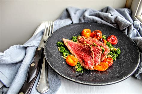 The Rosiest Cheeks: Sliced Oyster Steak with Quick Herb Salsa & Roasted Tomatoes