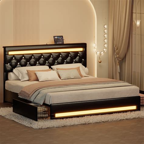 LIKIMIO King Bed Frame with LED Light, PU Leather Platform Bed,Charging Station, 4 Storage ...