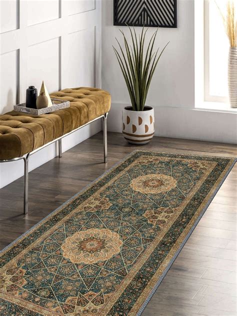 Persian Style Runner Petrol Green Rug Traditional Oriental Rug