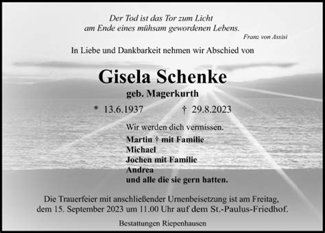 Traueranzeigen Von Gisela Schenke Trauer Anzeigen De