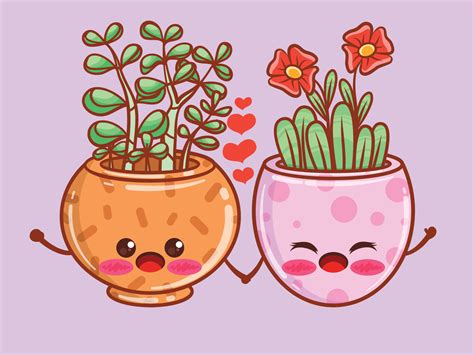 cute summer flower pot cartoon characters and illustrations. couple concept. 4267293 Vector Art ...