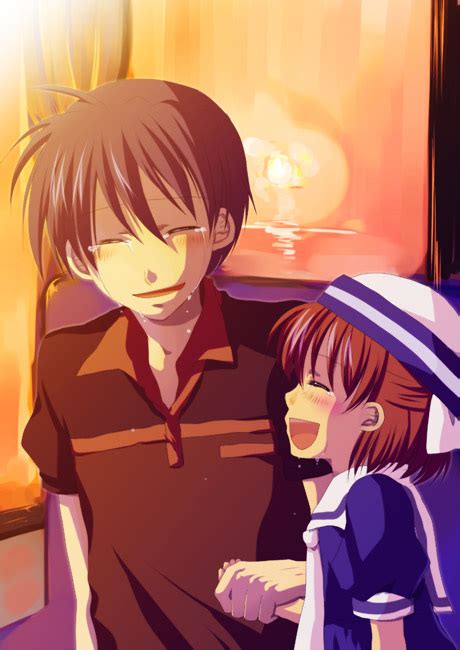 Safebooru Blue Hair Brown Hair Clannad Closed Eyes Dress Father And