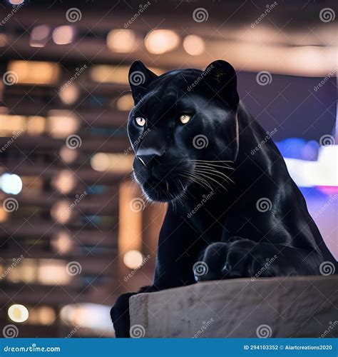 A Stealthy Black Panther with Glowing Eyes, Guarding a City from the Shadows5 Stock Illustration ...