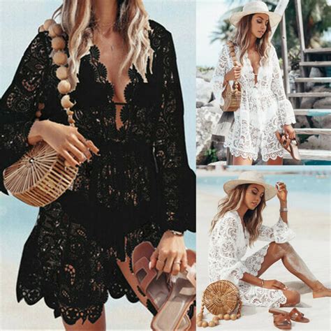 Lace Bikini Cover Up Knit Crochet Floral Sexy Bathing Swimwear See Through V Neck Tunic Dress