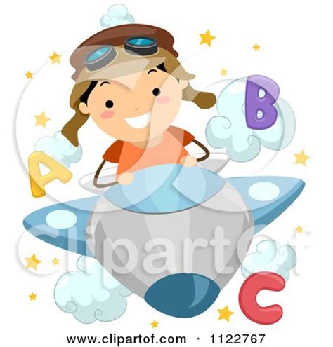 Cartoon Of A Happy School Boy Piloting A Plane Through Letter Clouds ...