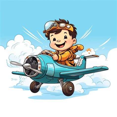 Niño de dibujos animados con casco de piloto volando un pequeño avión