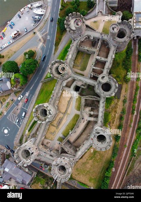 Aerial view of Conwy Castle in the town of Conwy in North Wales. It was ...