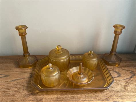 Vintage Art Deco Amber Glass Dressing Table Vanity Set Etsy