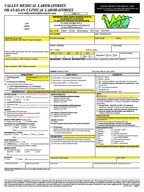 Fillable Online Valley Medical Laboratorieshomeokanagan Clinical